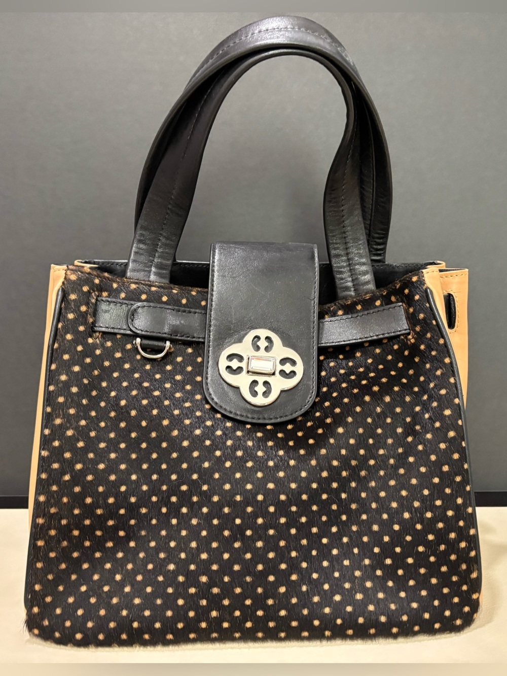 My Flat In London Black and Tan Animal Print Mixed Media Tote, Lux, Glam, Chic